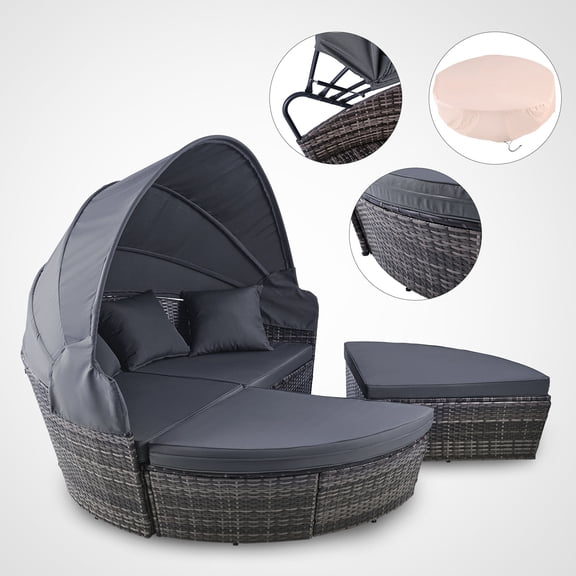 Bestco Outdoor Daybed w Retractable Canopy 4 Piece, Outdoor Sectional Sofa Set with Rattan Daybed or 4 Chairs, Retractable Canopy, Pillows, Water-Resistant Cover, Gray