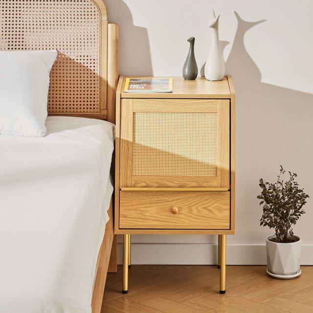 Bestco Rattan Nightstand, Boho End Table with Handmade Rattan Decorated ...