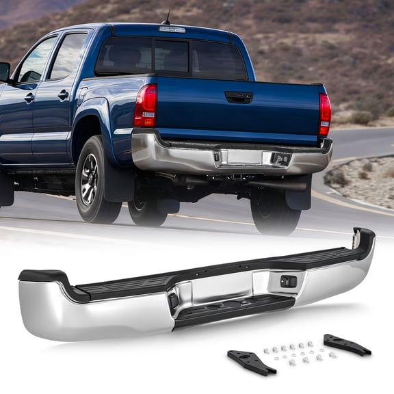 Bestco Rear Bumper for 2005-2015 Toyota Tacoma Steel w/ Pads Brackets and License Plate Lights Chrome TO1103113