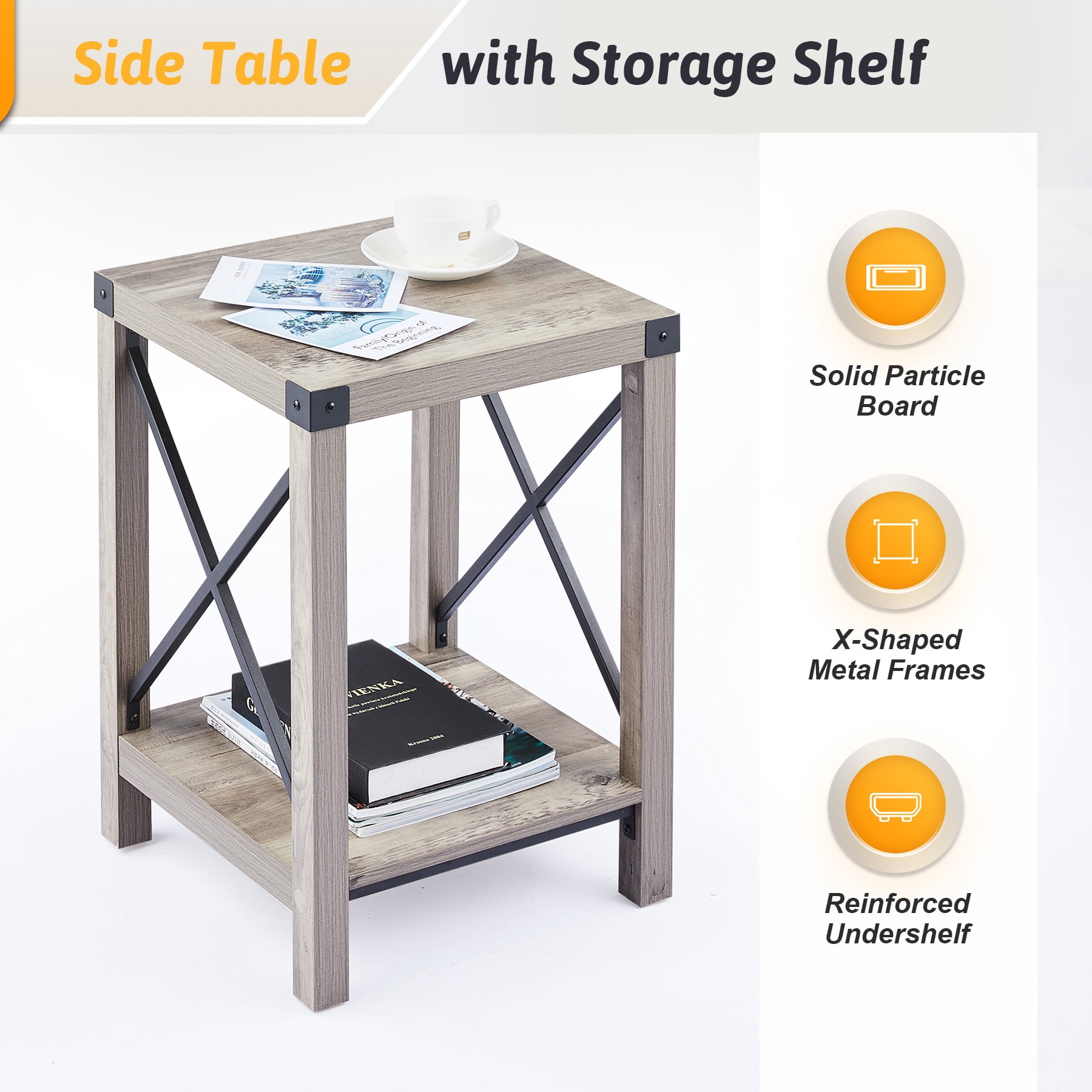 Bestco Side Table 16" Farmhouse End Table Nightstand w Shelf & Metal Frames, Driftwood