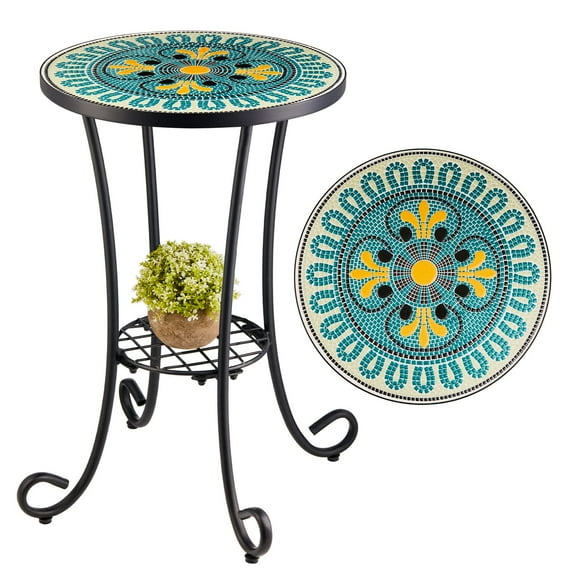 Bestco Side Table w 14 Inch Mosaic Tile Tabletop Shelf & Metal Legs Patio Decor French