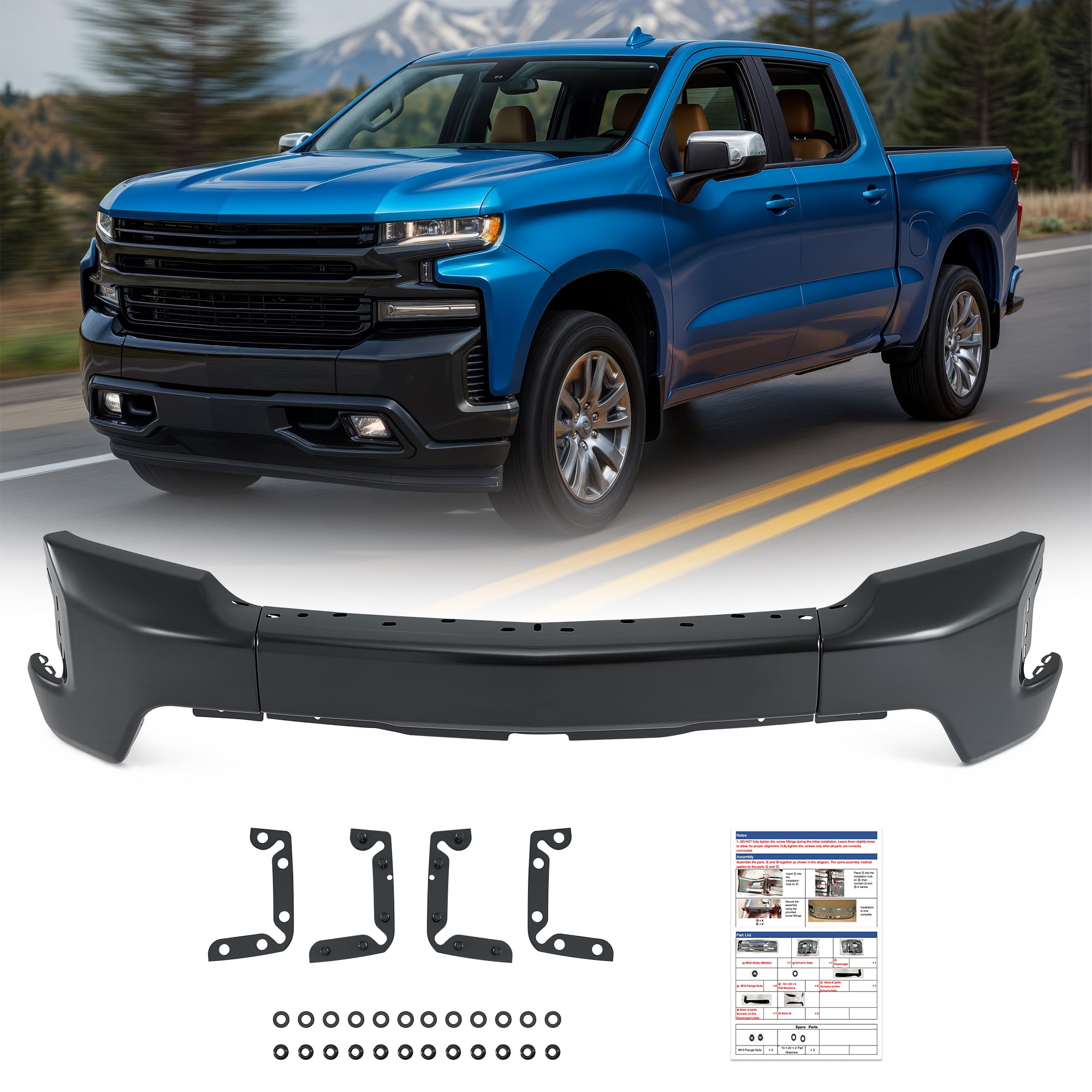 Bestco Split Steel Front Bumper Black For 2019-2022 Chevrolet Silverado 1500 W/o Sensor Holes