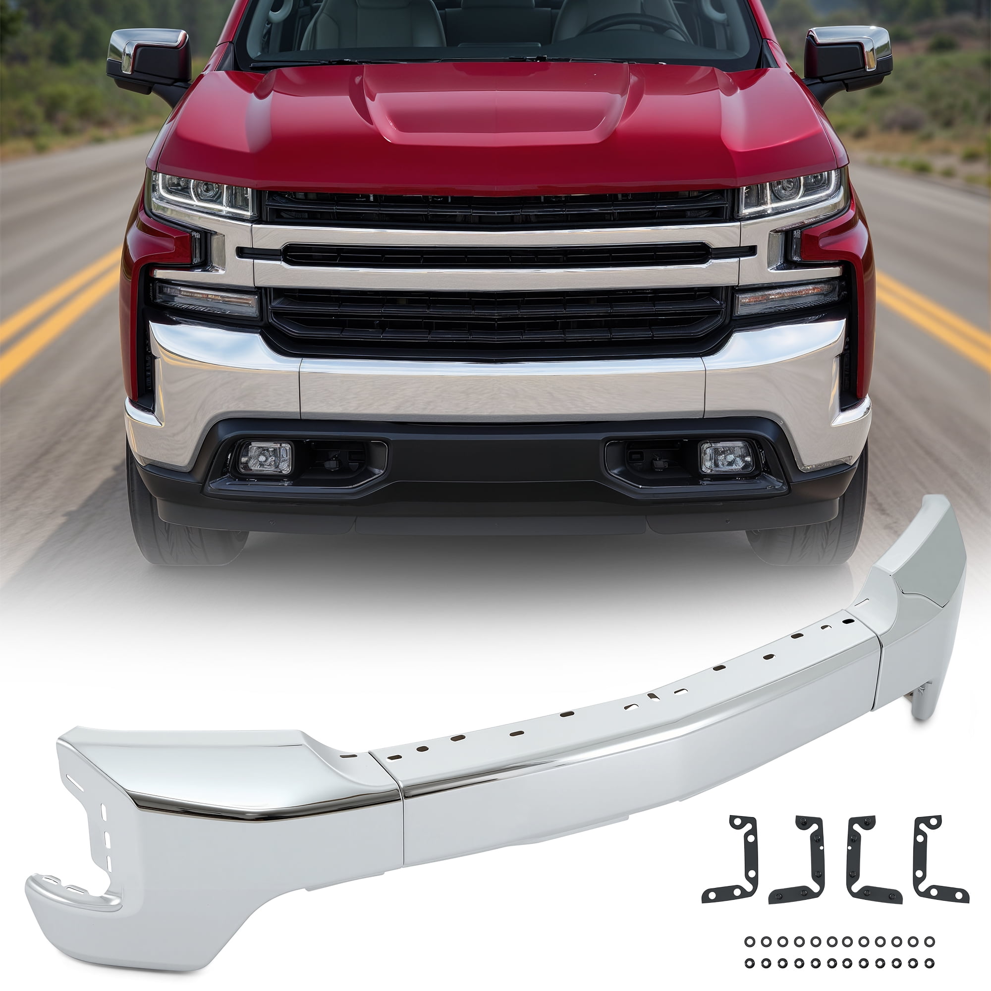 Bestco Split Steel Front Bumper Chrome For 2019-2022 Chevrolet Silverado 1500 W/o Sensor Holes