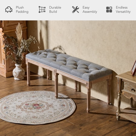Bestco Vintage Ottoman Bench 48" Long Linen Upholstered Piano Bench Entryway Bench Gray