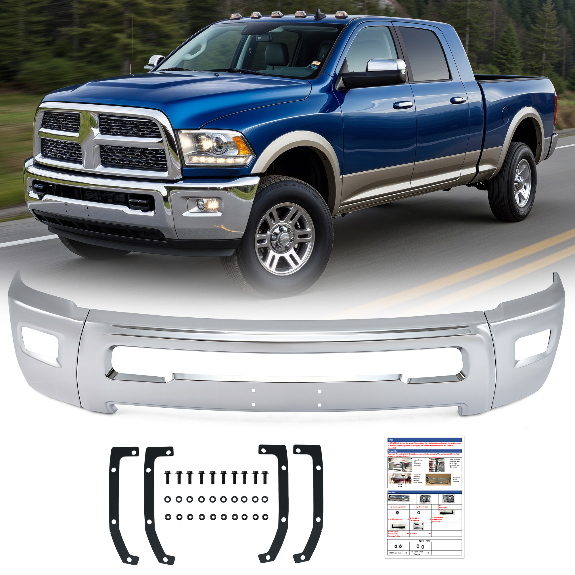 Bestco for 2010-2018 RAM 2500 3500 Chrome Front Bumper Face Bar w Fog