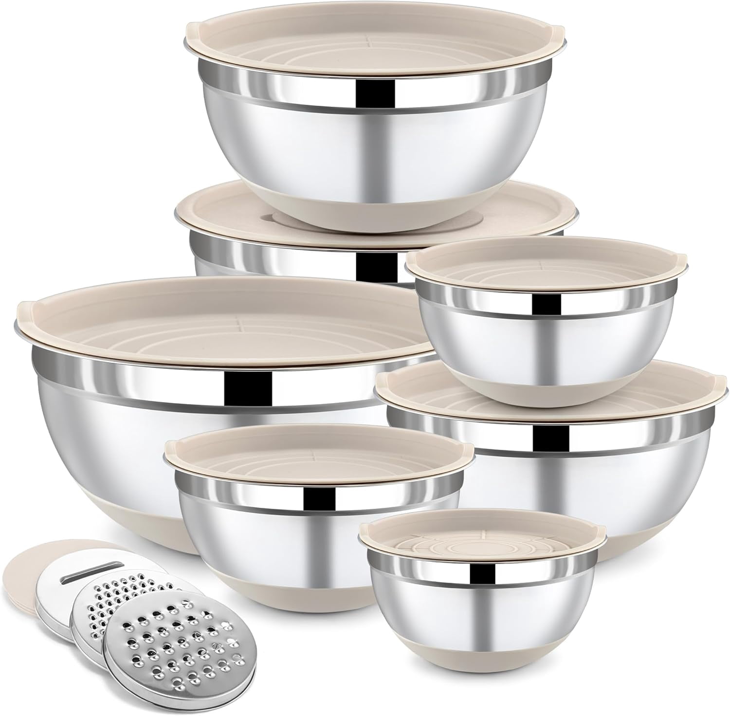 Bestdin 10 Pieces Mixing Bowls with Lids Set, 3 Grater Attachments, Non-Slip Silicone Base Stainless Steel Mixing Bowl Set, Sizes 4.5, 4, 3.5, 2.1, 1.5, 1.1, 0.7 Qt for Kitchen, Beige - Walmart.com