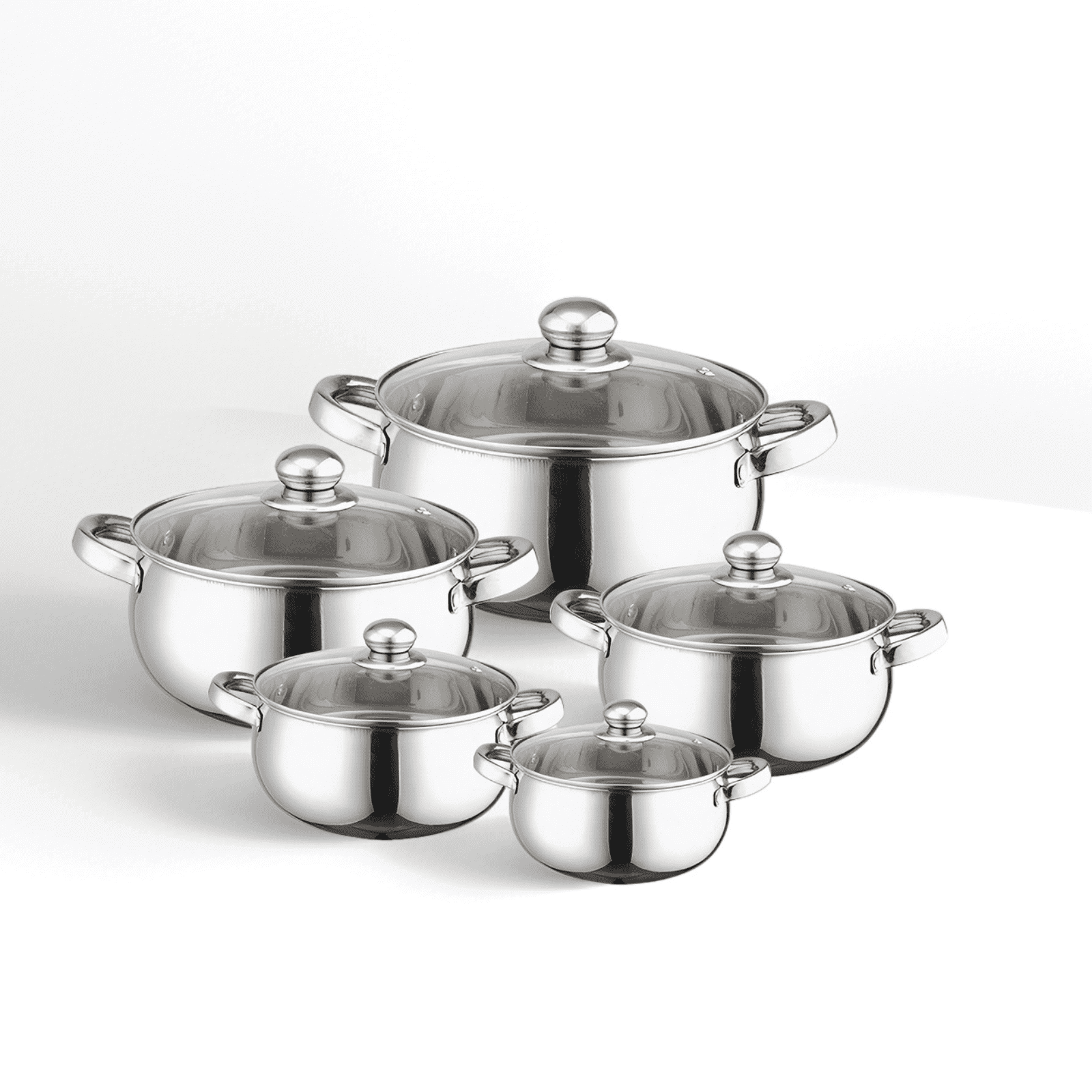Bestdin 10-Piece Stainless Steel Cookware Set – 5 Pots with Glass Lids, Thickened Bottom, Universal Stovetop Compatible, Easy to Clean, Non-Toxic Kitchen Set for Cooking