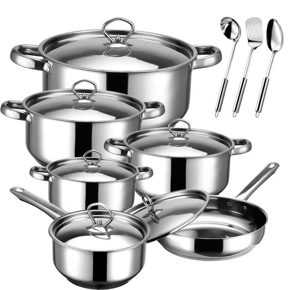 Bestdin 12 Pieces Cookware Set Nonstick, Stainless Steel Pots and Pans Set for Kitchen with Frying Pan, Sauce Pan, Pots and Pans for Cooking, Dishwasher Safe, Silver