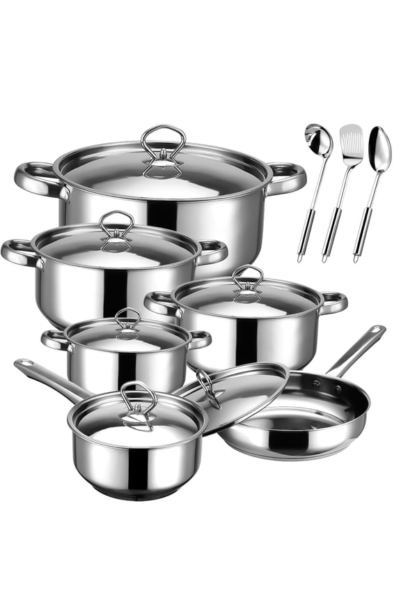 12 Pieces Cookware Set Nonstick, Stainless Steel Pots and Pans Set for Kitchen with Frying Pan, Sauce Pan, Pots and Pans for Cooking, Dishwasher Safe, Silver