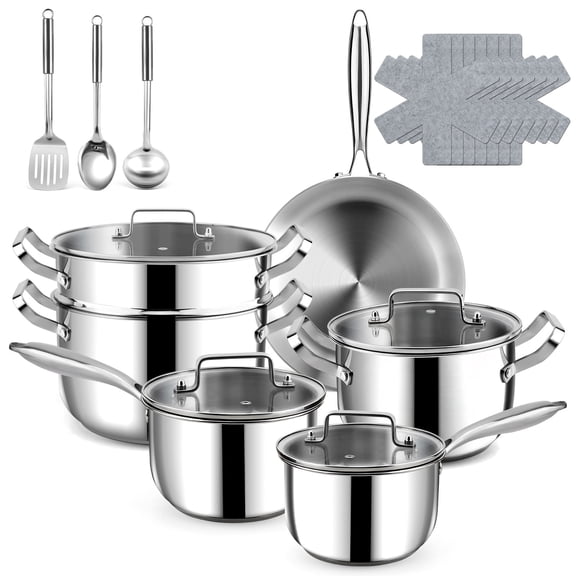 Bestdin 20-Piece Triple Ply Stainless Steel Cookware Set,  Kitchen Pots and Pans Set with Glass Lid for Kitchen, Dishwasher Safe, Premium Non-Toxic Kitchen Set for Home Chefs & Family Cooking