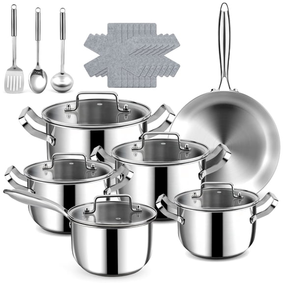 Bestdin 21-Piece Triple Ply Stainless Steel Cookware Set – Induction Ready, Mirror Polished, Dishwasher Safe, Premium Non-Toxic Kitchen Set for Family Cooking
