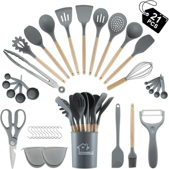 Bestdin 21PCS Utensils Set, Non-Stick Silicone Cooking Kitchen Utensils Spatula Set with Holder, Wooden Handle Silicone Kitchen Gadgets Utensil Set