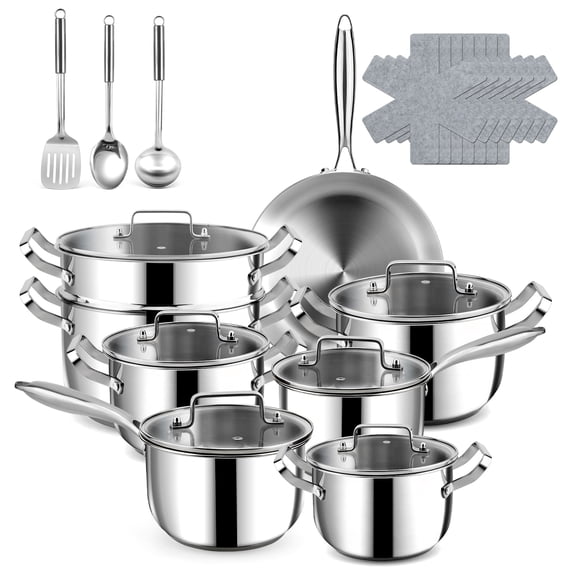 Bestdin 24-Piece Triple Ply Stainless Steel Cookware Set – Induction Ready, Mirror Polished, Dishwasher Safe, Premium Non-Toxic Kitchen Set for Family Cooking