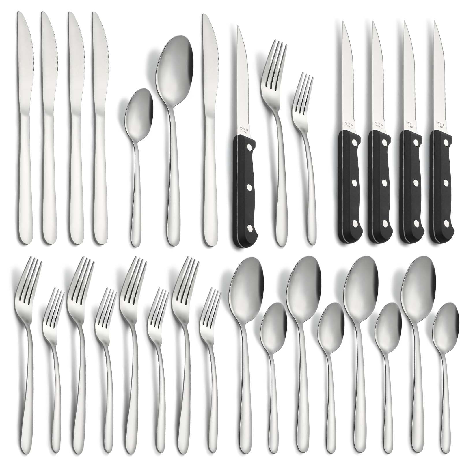 24-Piece Silver Stainless Steel Flatware Set with Steak Knives