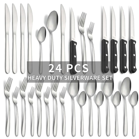 Bestdin Silverware Sets, 24 PCS Flatware Set for 4, Stainless Steel Cutlery Set Mirror Polished Forks and Spoons, Dishwasher Safe, with Steak Knives