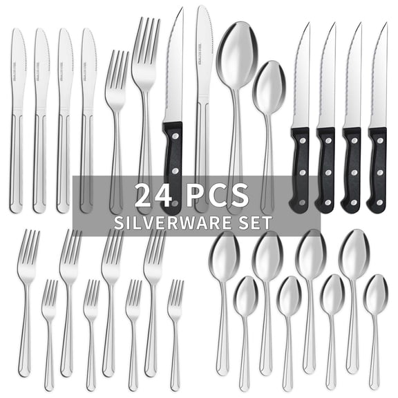 Bestdin 24 Pieces Silverware Set with Steak Knives, Flatware Sets Service for 4, Stainless Steel Cutlery Sets Mirror Polished, Tableware Sets for Home Kitchen Restaurant Hotel, Dishwasher Safe