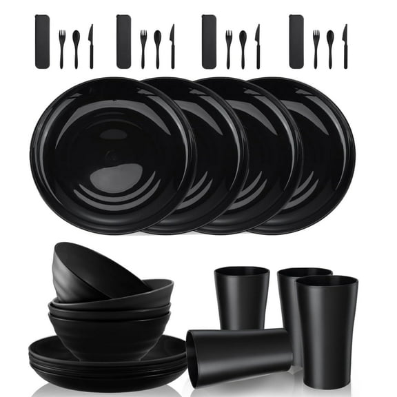 Bestdin 32 Piece Wheat Straw Dinnerware Set,Unbreakable Microwave-Safe Plates and Bowls Sets Service for 4, Reusable Knives, Forks, Spoons or Kitchen, Outdoor Camping, Black