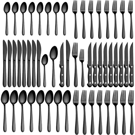 Bestdin 48-Pieces Black Silverware Sets for 8, Flatware Set with Steak Knives, Stainless Steel Cutlery Set, Include Forks Spoons and Knives Set, Dishwasher Safe Utensil Sets for Home Restaurant