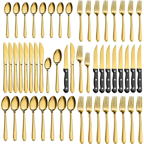 Bestdin 48-Pieces Gold Silverware Sets for 8, Flatware Set with Steak Knives, Stainless Steel Cutlery Set, Include Forks Spoons and Knives Set, Dishwasher Safe Utensil Sets for Home Restaurant