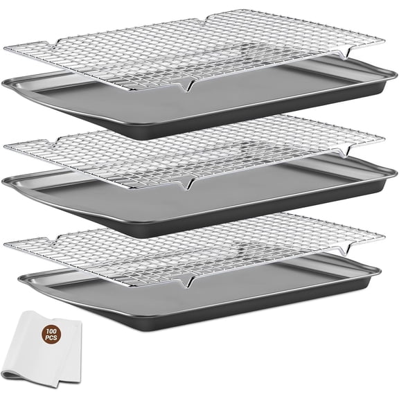 Bestdin 106-Piece Baking Sheets and Racks Set, 3 PCS Nonstick Carbon Steel Rectangle Baking Sheet with Handles Oven Tray and 3 PCS Cooling Grid Rack for Cookies Meats,100 Parchment Papers