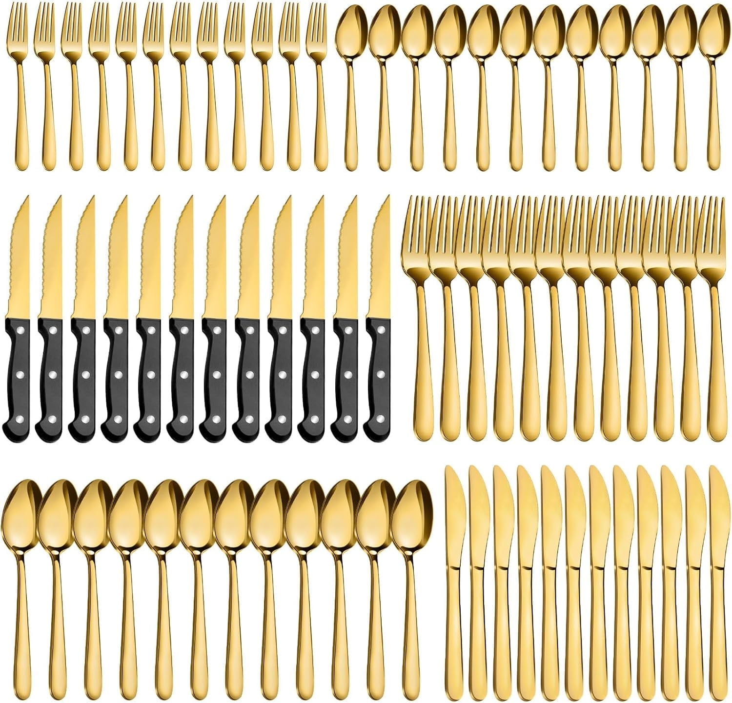 Bestdin 72-Pieces Gold Silverware Sets for 12, Flatware Set with Steak Knives, Stainless Steel Cutlery Set, Include Forks Spoons and Knives Set, Dishwasher Safe Utensil Sets for Home Restaurant