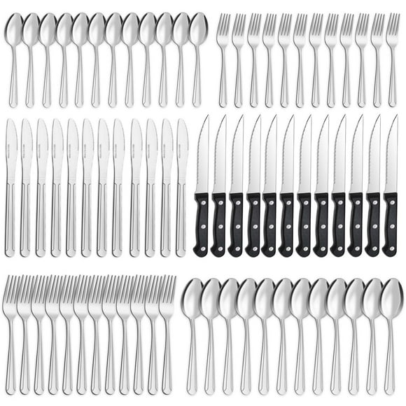 Bestdin 72 Pieces Silverware Set with Steak Knives, Stainless Steel Pattern Design Cutlery Set for 12, Flatware Set Mirror Polished, Tableware Set for Home Kitchen Restaurant Hotel, Dishwasher Safe