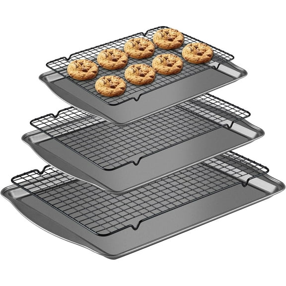 Bestdin Baking Sheets and Racks Set, 6 Pieces Nonstick Carbon Steel Rectangle Baking Sheet with Handles Oven Tray and Cooling Grid Rack for Cookies Meats
