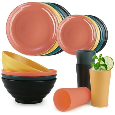 Bestdin Dinnerware Set for 4, 16 Pack Plastic BPA-Free Dinner Plates, Salad Plates, Cereal Bowls, Cups, Colorful Unbreakable Plates and Bowls Sets, Microwave and Dishwasher Safe