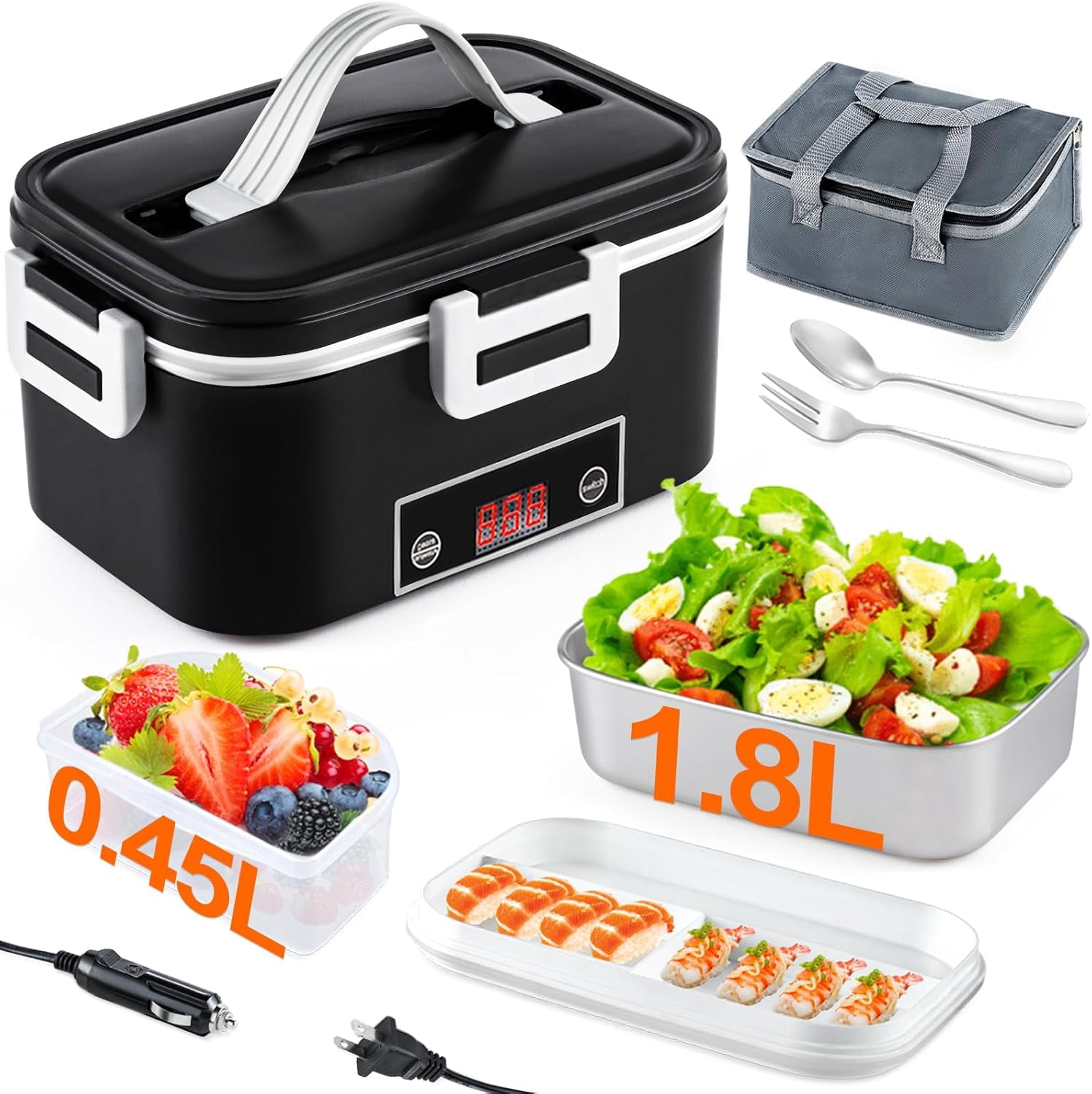 Bestdin Electric Lunch Box Food Heater for Work, 80W Food Warmer for Car Truck Travel with 2 Stainless Steel Containers 1.8 Liters Potable Self Heating lunch Box for Adults