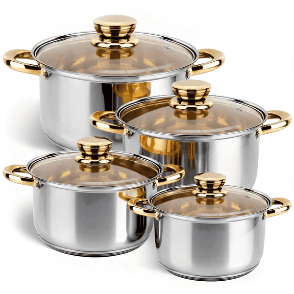 Bestdin Stainless Steel 8 Pieces Cookware Set with Lids, Gold Pots and Pans Kitchen Set Includes 4 Pots and 4 Visible Lids, Dishwasher-Safe