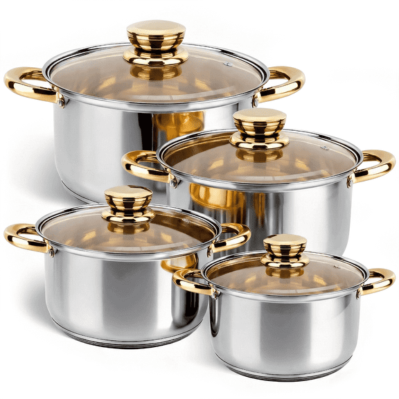Bestdin Stainless Steel 8 Pieces Cookware Set with Lids, Gold Pots and Pans Kitchen Set Includes 4 Pots and 4 Visible Lids, Dishwasher-Safe
