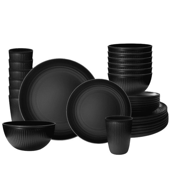 Bestdin Vertical Stripes Dinnerware Set for 8, 32-Piece Black Plastic BPA-Free Dinner Plates, Salad Plates, Cereal Bowls, Cups, Unbreakable Plates and Bowls Sets, Microwave and Dishwasher Safe