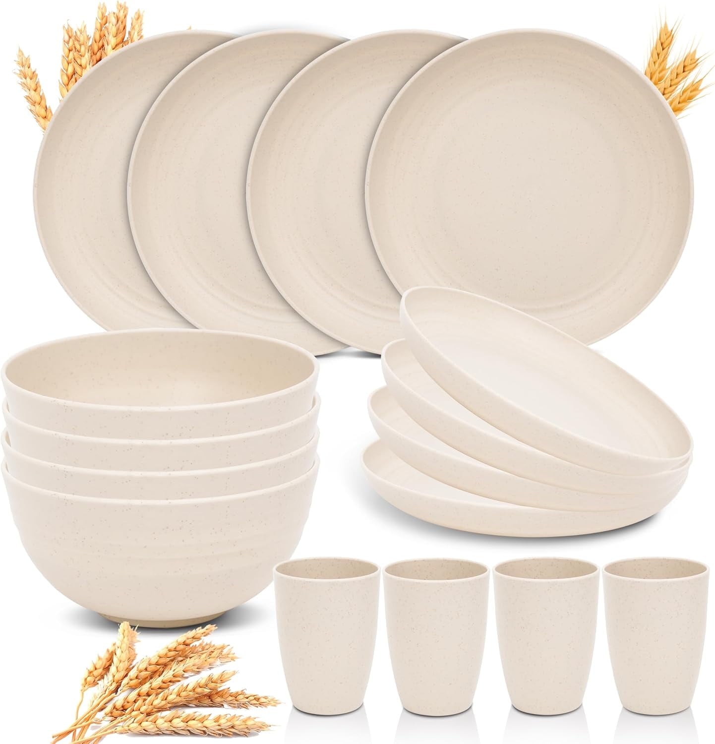 Bestdin Wheat Straw Dinnerware Set for 4, 16 Pack Plastic BPA-Free Dinner Plates, Salad Plates, Cereal Bowls, Cups, Unbreakable Plates and Bowls Sets, Microwave and Dishwasher Safe