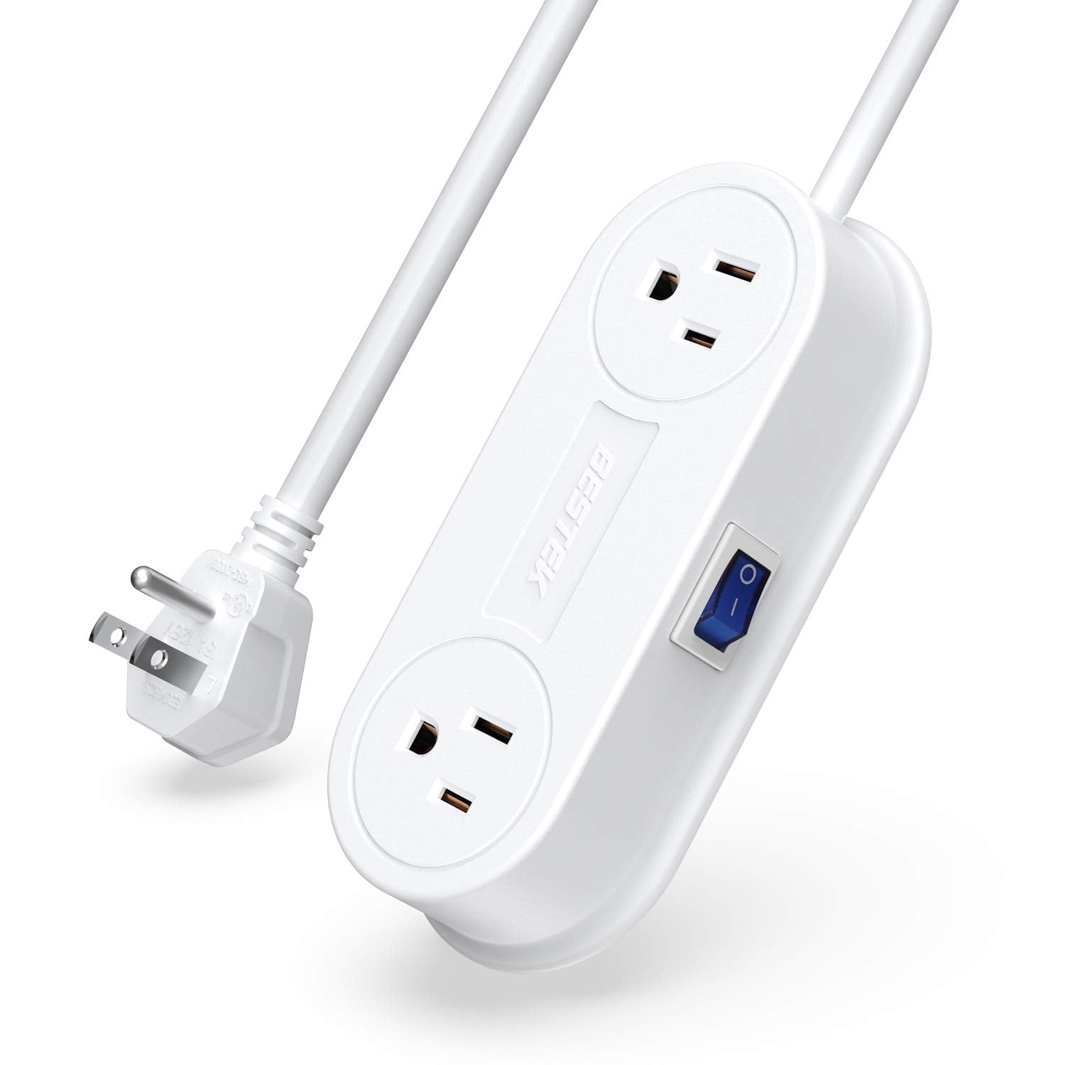 2-Outlet Power Strip With Switch - 10-Foot Extended Cord, White & Gray Surge Protector For Home/Office