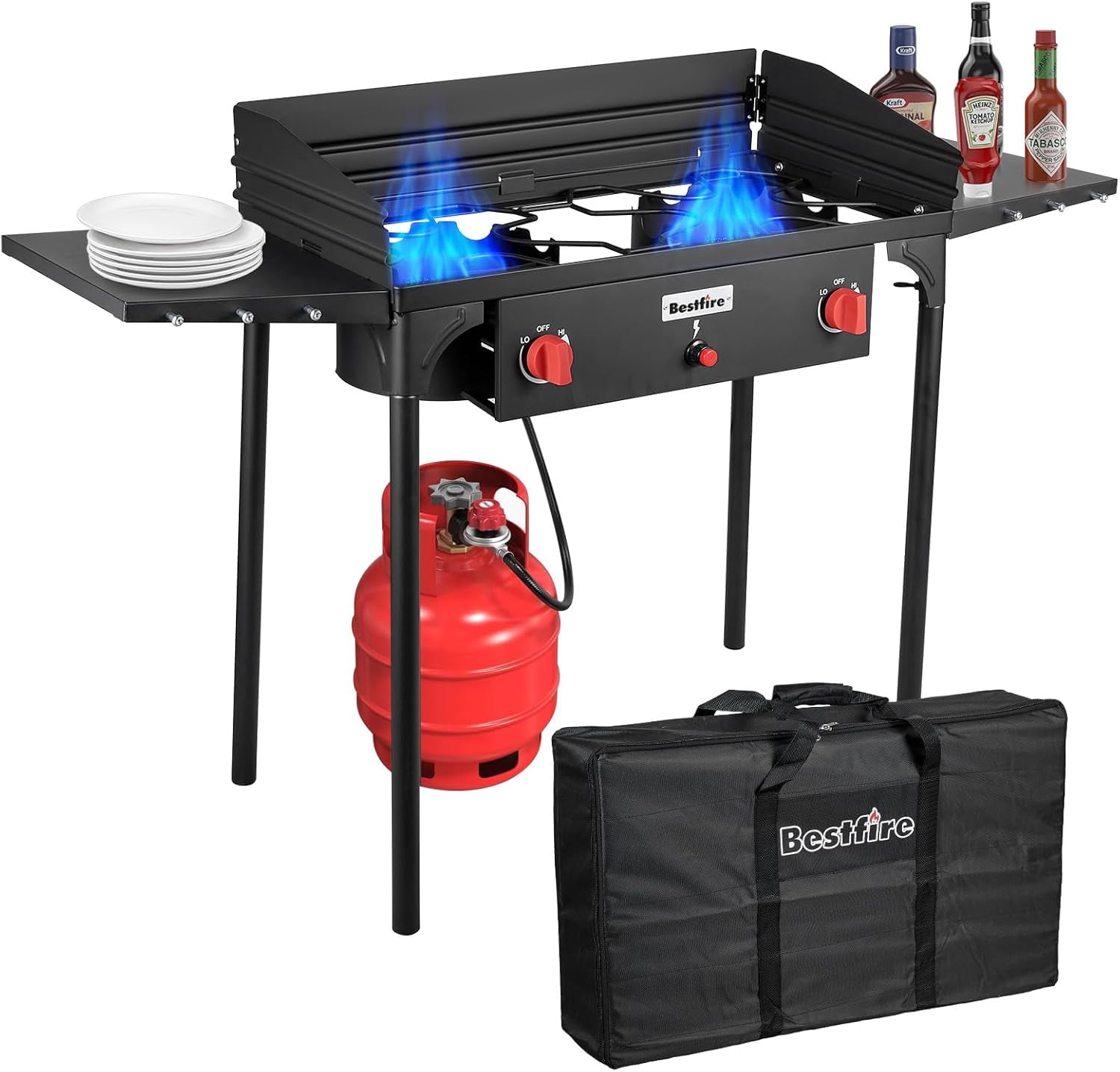 Bestfire 2 Burner Gamping Stove with Windpanel& Side Shelves, Bag ...