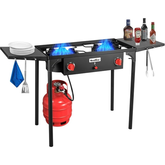 Bestfire 2 burner Camping Stove with Auto Ignition Button,Side Shelves & Regulator150,000 BTU Gas Stove Propane Burner With Removable Legs for Outdoor BBQ&Backyard Cooking Camping Home