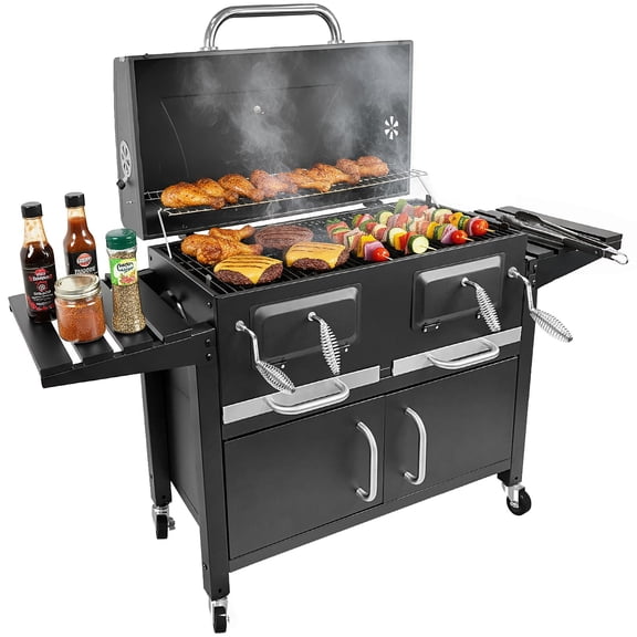 Bestfire Extra Large Charcoal BBQ Grill with Oversized Cooking Space, Dual Charcoal Trays, Enamel Grates & Chrome Warming Rack, Outdoor Barbecue Smoker with 4 Wheels & Side Tables