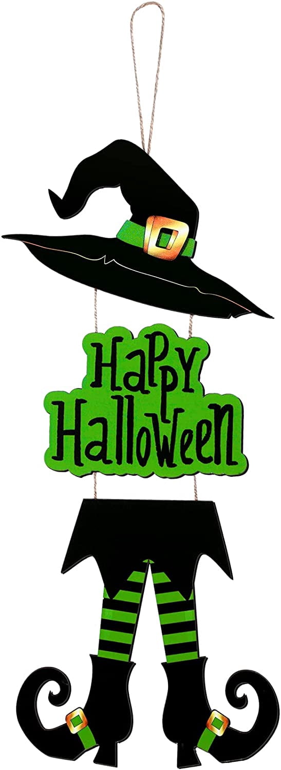 Besthm Halloween Happy Sign Decoration Witch Legs Hat Hanging Wooden ...