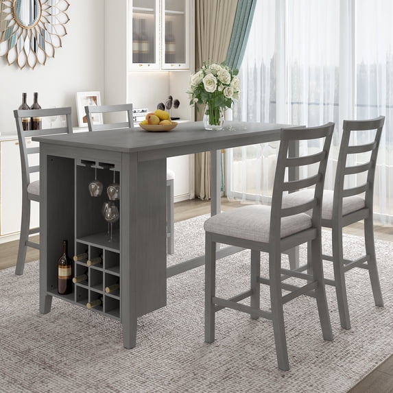 Besthome 5-Piece Multi-Functional Rubber Wood Counter Height Dining Set with Padded Chairs and Integrated 9 Bar Wine Compartment, Wineglass Holders for Dining Room (Gray)