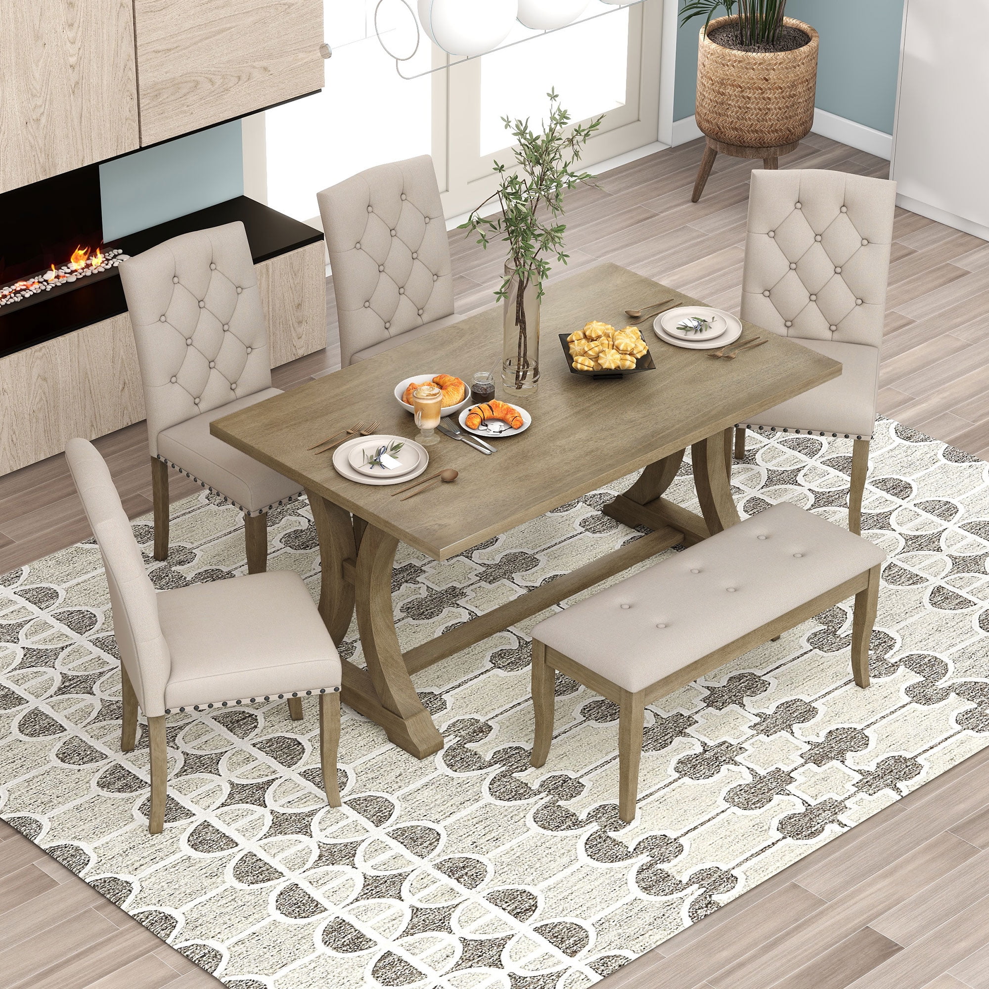 Besthome 6-Piece Dining Table Set, Wood Rectangular Trestle Dining ...