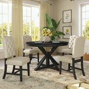 Besthome Farmhouse Extendable Round Kitchen Dining Room Table Set with Upholstered Chairs of 4, 5 Piece Round Dining Table Set with Extendable Table, Espresso