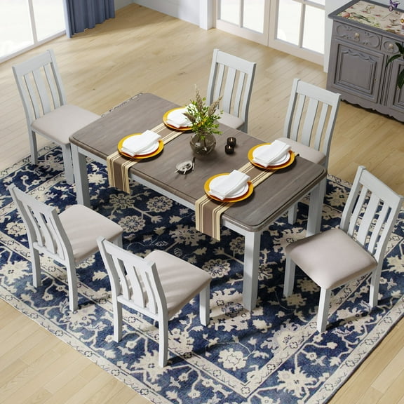 Besthome Retro Style 7-Piece Dining Table Set with Extendable Table and 6 Upholstered Chairs (Brown+White)