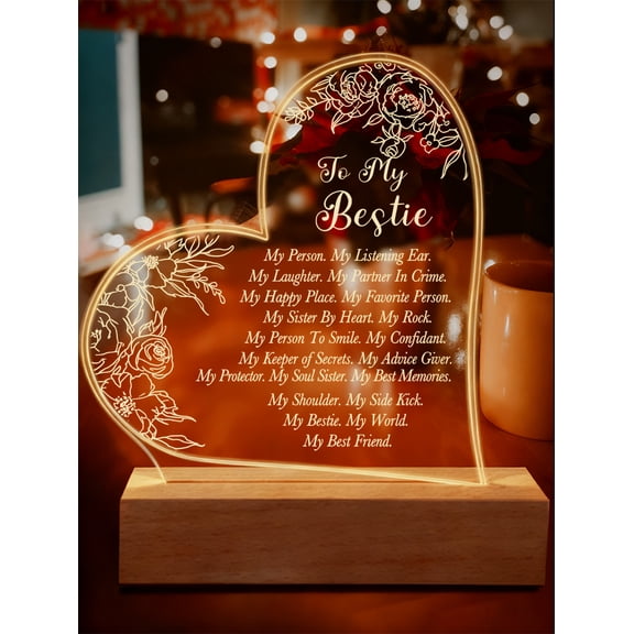 To My Bestie Acrylic Night Light Friendship Keepsake Acrylic Best Friend Ever Sign for Women Sister Besties BFF Birthday Christmas Gift Desk Home Decor LED Night Light
