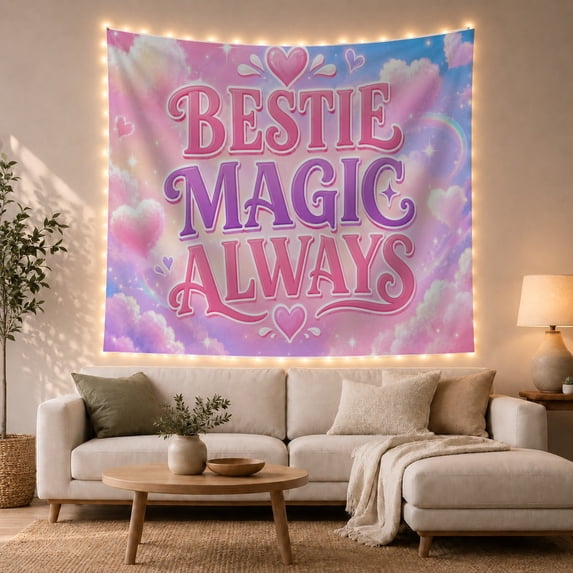 Bestie Magic Lettering with Hearts and Pastel Clouds, Cheerful Celestial Style for Teen Girls, Friendship Wall Art Friendship Gift, Tapestry Wall Hanging for Bedroom and Dorm