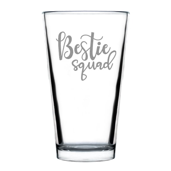 Bestie Squad 16oz Standard Pint Glass, Hand Engraved Best Friend , Etched Drinking Personalized Friendship Glassware