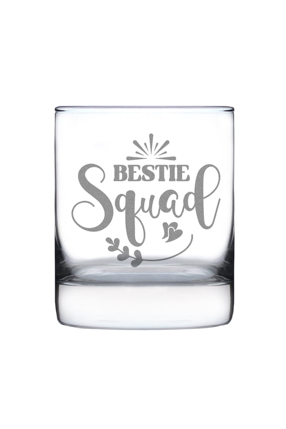 Bestie Squad Hand Engraved Rocks Glass, Etched 10oz Mug, Personalized Friendship Gift, Custom Drinkware, Unique Best Friends Glassware