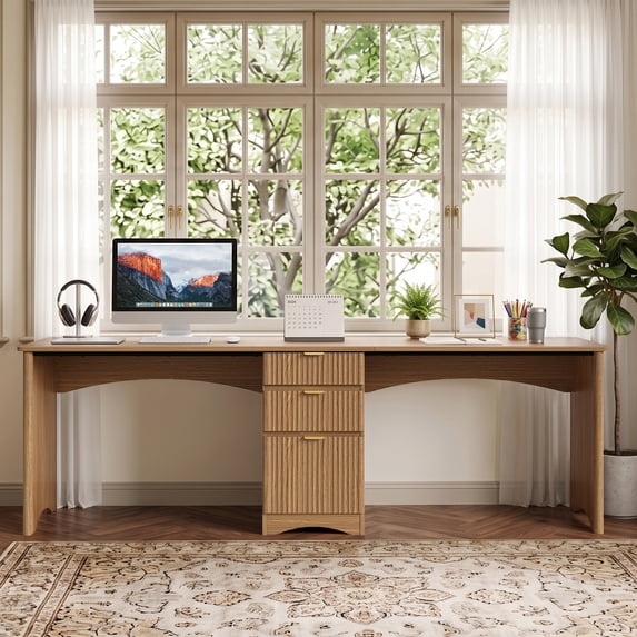 Bestier 95" 2 Person Computer Desk with Drawers, Fluted Two Person Office Desk, Long Double Writing PC Desk for Home Office, Brown