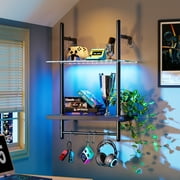 Bestier 2-Tier Floating Shelves for Wall with LED Light 15" x 23" Wall-Mounted Wood Shelves with 6 S-Hooks, Black Carbon Fiber