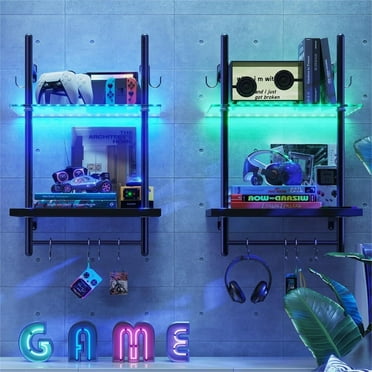 Bestier 2-Tier Floating Shelves for Wall with LED Light 15" x 23" Wall-Mounted Wood Shelves with 6 S-Hooks, Black Carbon Fiber