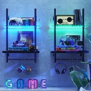 Bestier 2-Tier Floating Shelves for Wall with LED Light 15" x 23" Wall-Mounted Wood Shelves with 6 S-Hooks, Black Carbon Fiber